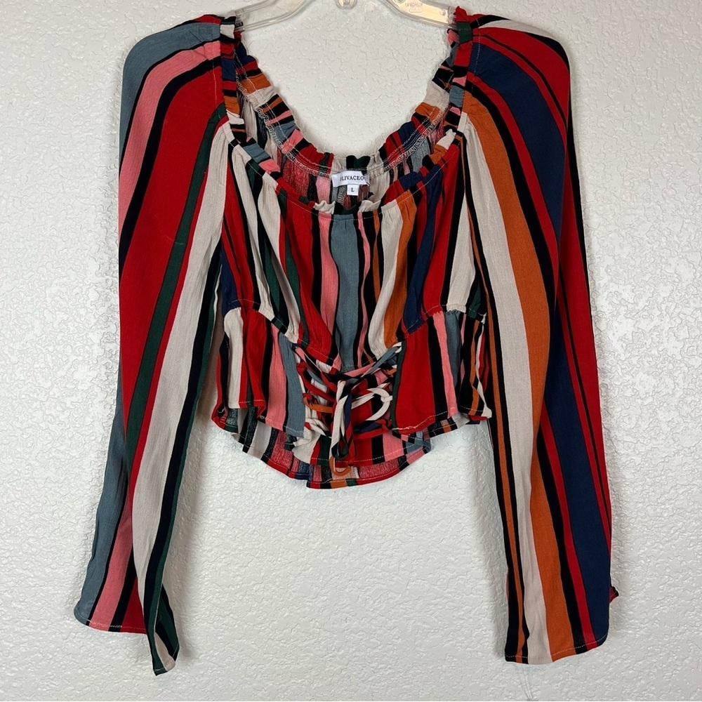 Olivaceous Long Sleeve Rainbow Stripe Milkmaid Lace Up Top Large New